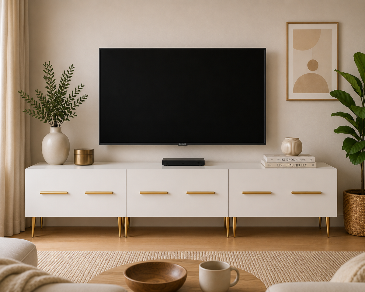 Meuble TV blanc avec détails dorés installé dans un salon contemporain élégant, équipé de trois tiroirs et d’un plateau pour télévision grand format