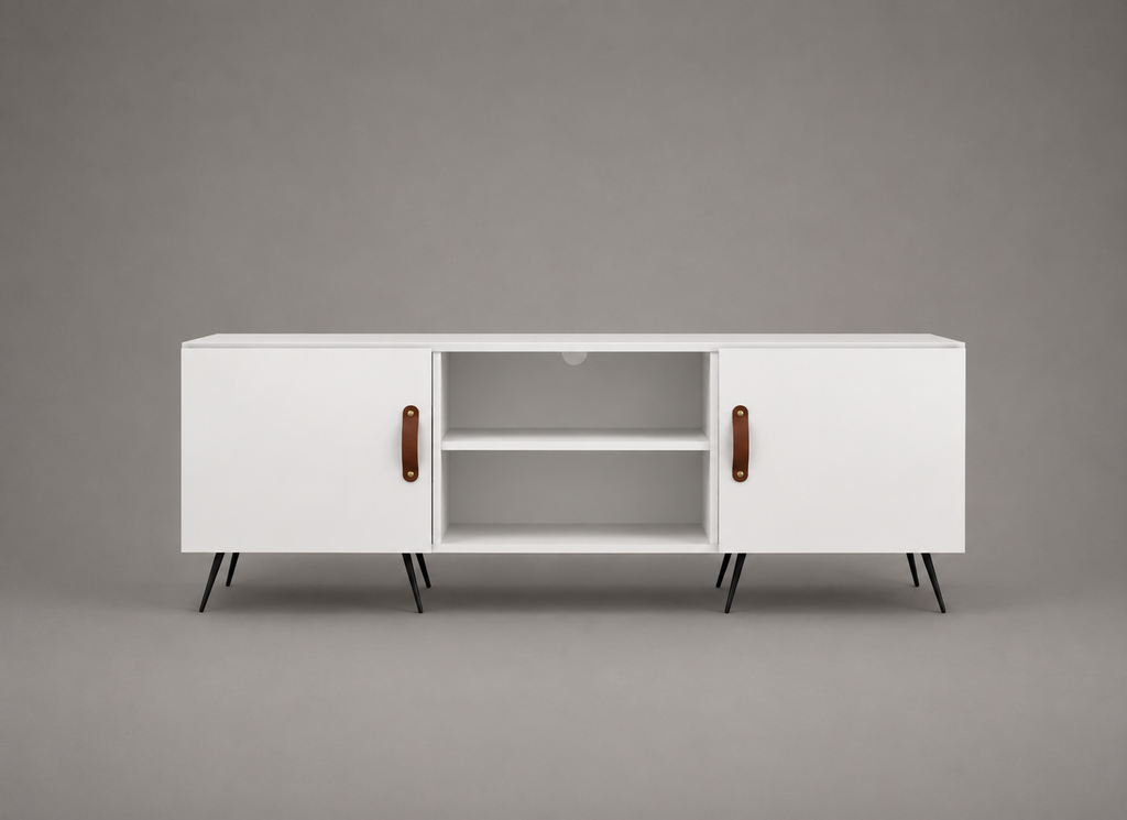 Meuble TV blanc laqué brillant de 150 cm avec deux portes, niches ouvertes et pieds en métal noir, meuble TV moderne avec rangement pour salon contemporain et scandinave
