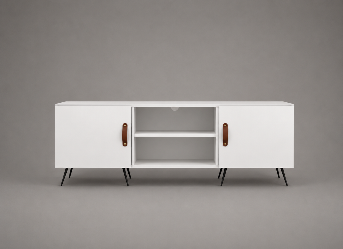 Meuble TV blanc laqué brillant de 150 cm avec deux portes, niches ouvertes et pieds en métal noir, meuble TV moderne avec rangement pour salon contemporain et scandinave