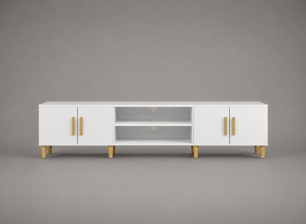 Meuble TV blanc laqué brillant 180 cm avec quatre portes, deux niches ouvertes, poignées dorées et pieds en bois naturel, meuble TV moderne chic pour salon contemporain et scandinave