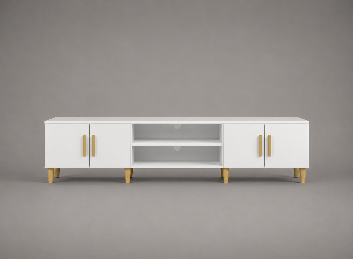 Meuble TV blanc laqué brillant 180 cm avec quatre portes, deux niches ouvertes, poignées dorées et pieds en bois naturel, meuble TV moderne chic pour salon contemporain et scandinave