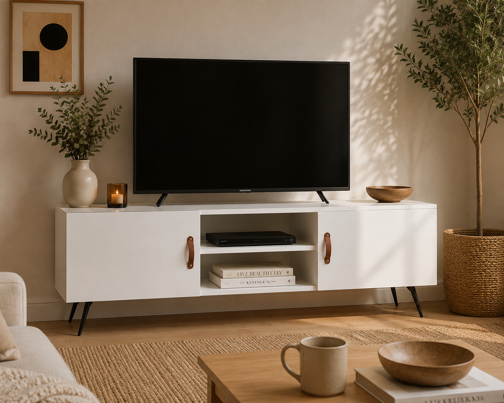 Vue d’angle du meuble TV blanc laqué avec portes de rangement, niches ouvertes et pieds en métal noir dans un intérieur contemporain