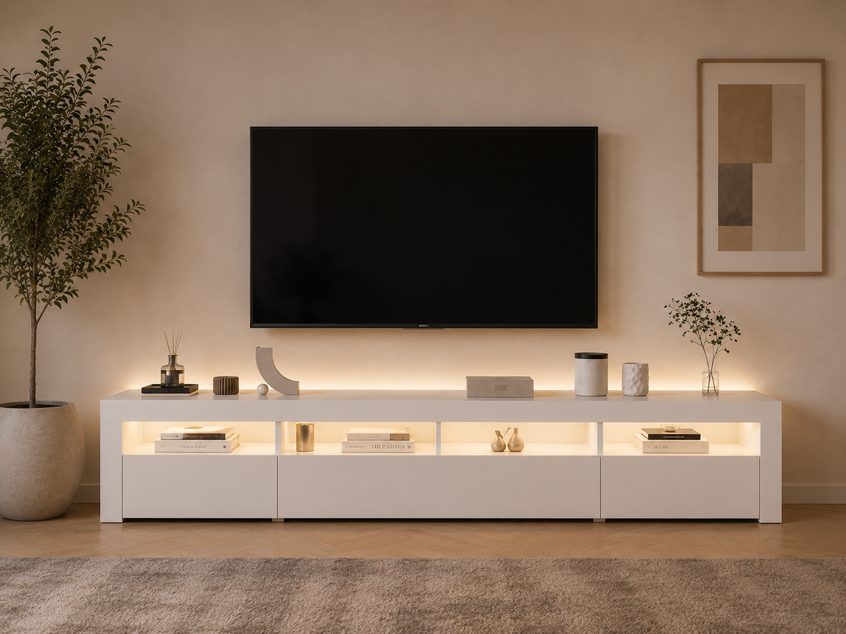Meuble TV blanc avec éclairage LED intégré, niches de rangement éclairées et design contemporain dans un salon moderne.