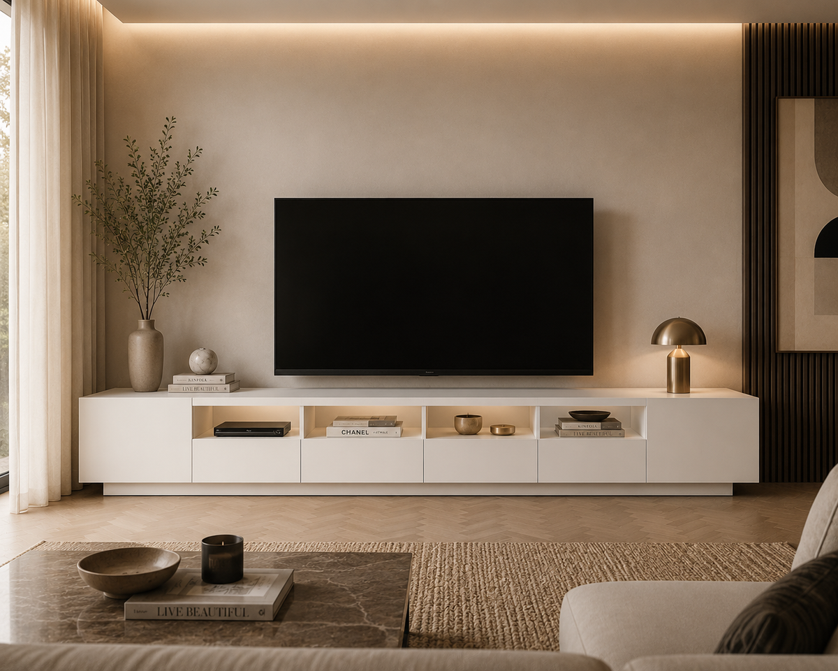 Meuble TV blanc avec éclairage LED intégré, rangements fermés et niches ouvertes dans un salon moderne et contemporain.