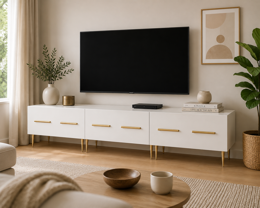 Meuble TV blanc contemporain de 150 cm avec rangements intégrés et pieds dorés dans un salon lumineux au style chic et minimaliste