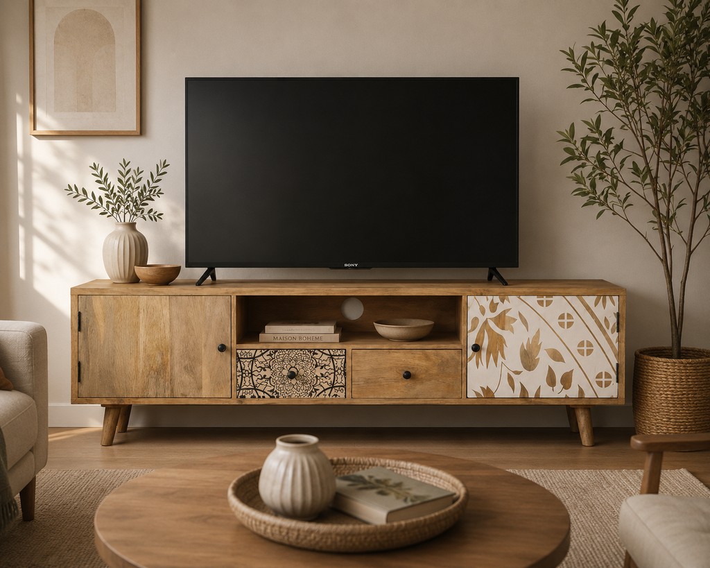 Meuble TV en bois de manguier massif avec façades décoratives bohèmes dans un salon chaleureux au style naturel et vintage