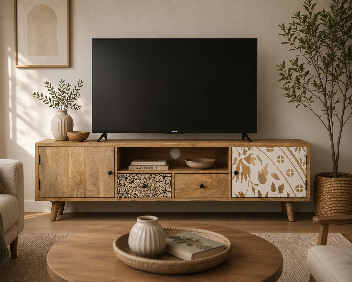 Meuble TV en bois de manguier massif avec façades décoratives bohèmes dans un salon chaleureux au style naturel et vintage