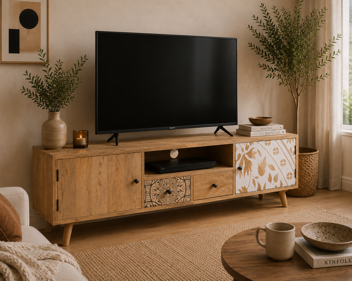 Vue d’angle du meuble TV en bois de manguier massif avec portes décoratives et tiroirs de rangement style bohème chic
