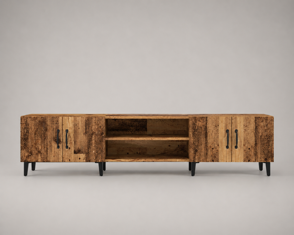 Meuble TV bois 180 cm avec 4 portes de rangement, 2 niches ouvertes et pieds métal noir style industriel contemporain