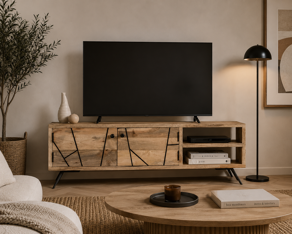 Meuble TV bois de manguier massif 110 cm avec 2 portes, 2 niches ouvertes, pieds métal noir et design industriel contemporain