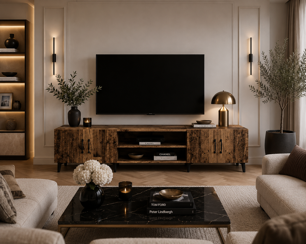 Meuble TV bois 180 cm avec 4 portes, 2 niches ouvertes, pieds métal noir et design industriel contemporain pour grand salon