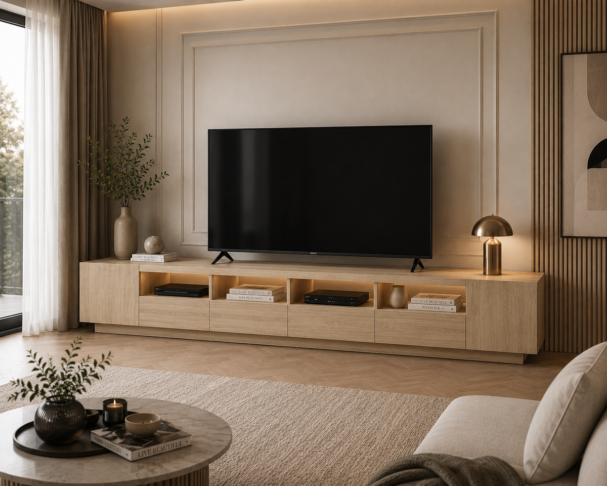 Meuble TV effet bois avec éclairage LED et design minimaliste contemporain pour grand espace de vie
