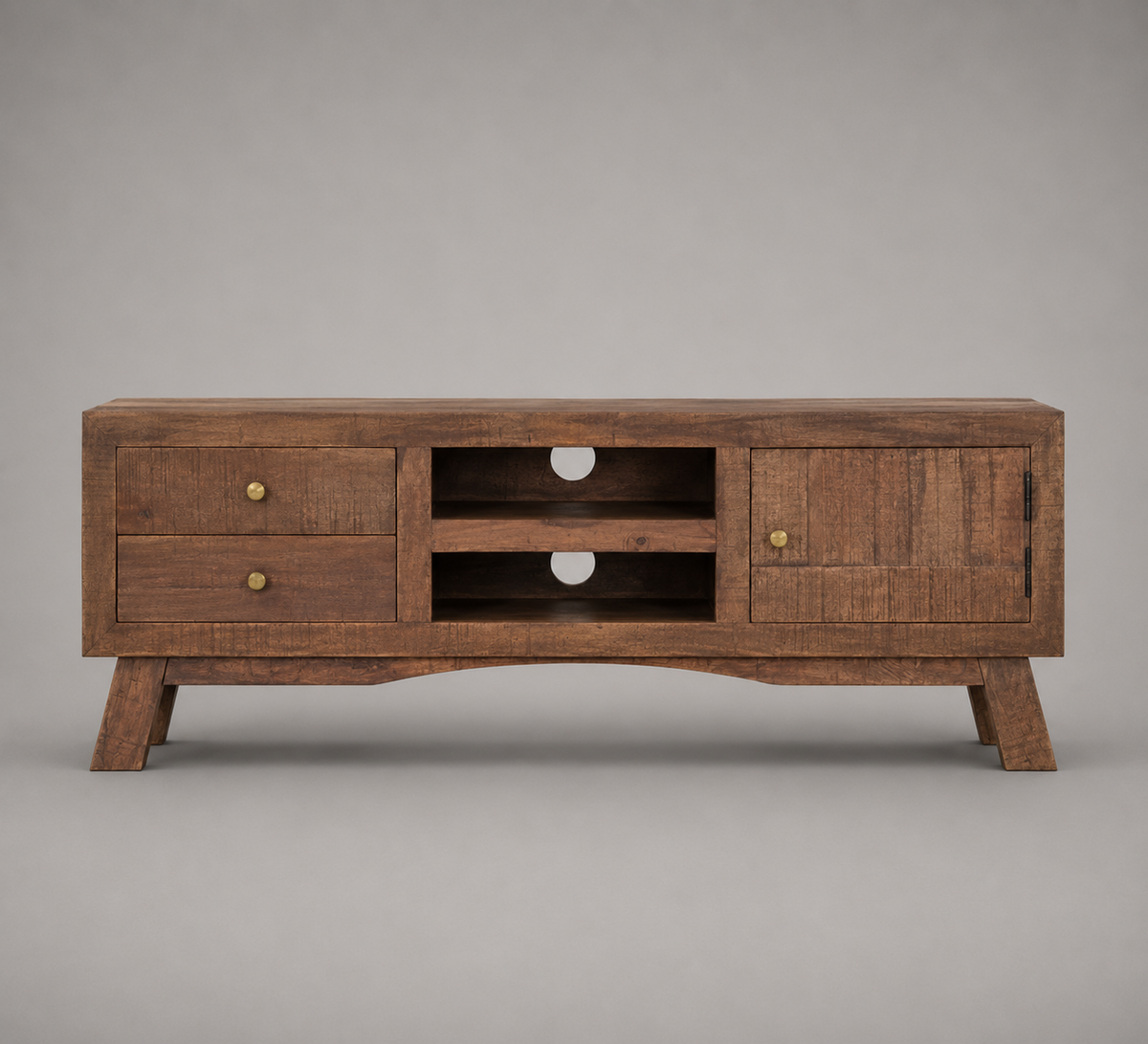 Meuble TV en bois de manguier massif 110 cm avec 2 tiroirs, 1 porte de rangement et 2 niches ouvertes style vintage