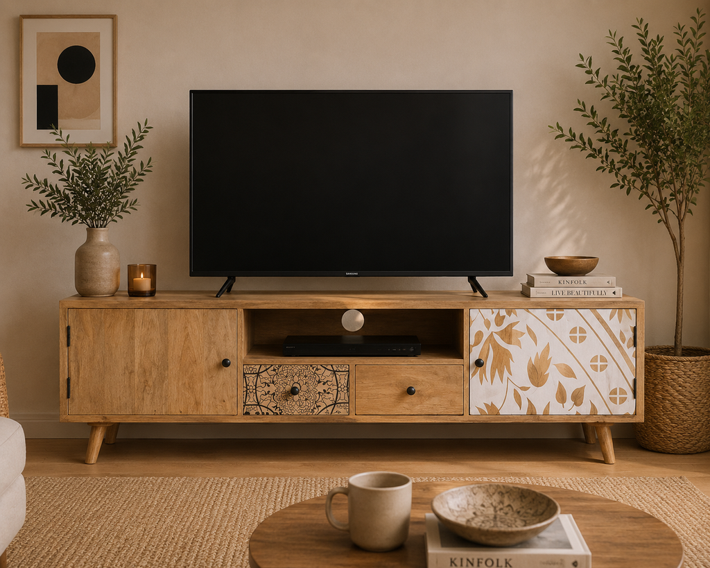 Meuble TV bohème chic en bois de manguier massif avec motifs artisanaux et rangements intégrés dans un salon contemporain