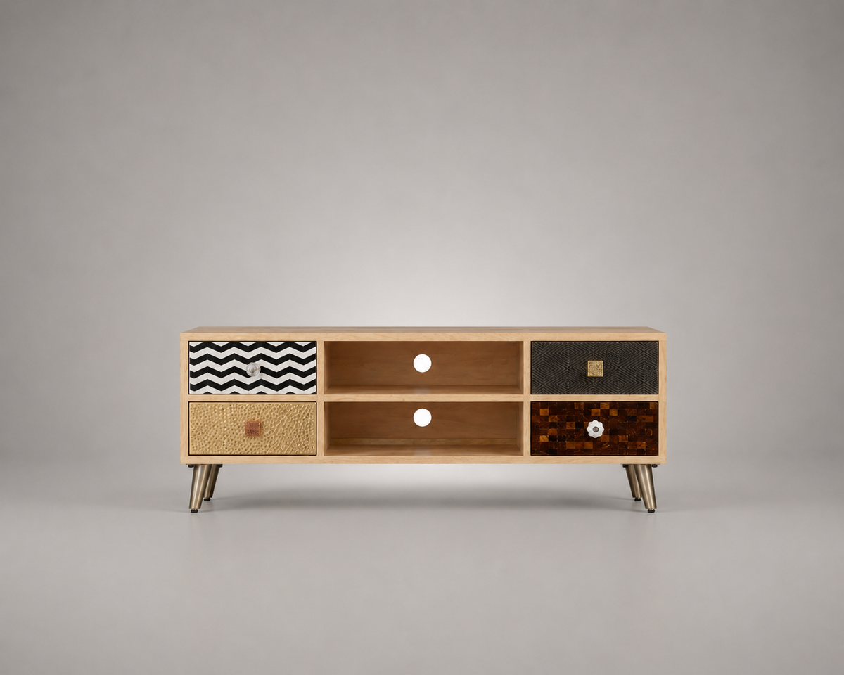 Meuble TV en bois de manguier massif 120 cm avec 4 tiroirs décoratifs et 2 niches ouvertes, style vintage industriel et bohème