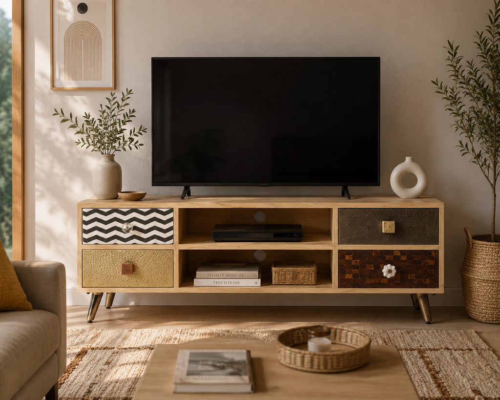 Meuble TV en bois de manguier massif installé dans un salon au style vintage industriel avec télévision écran plat et décoration chaleureuse