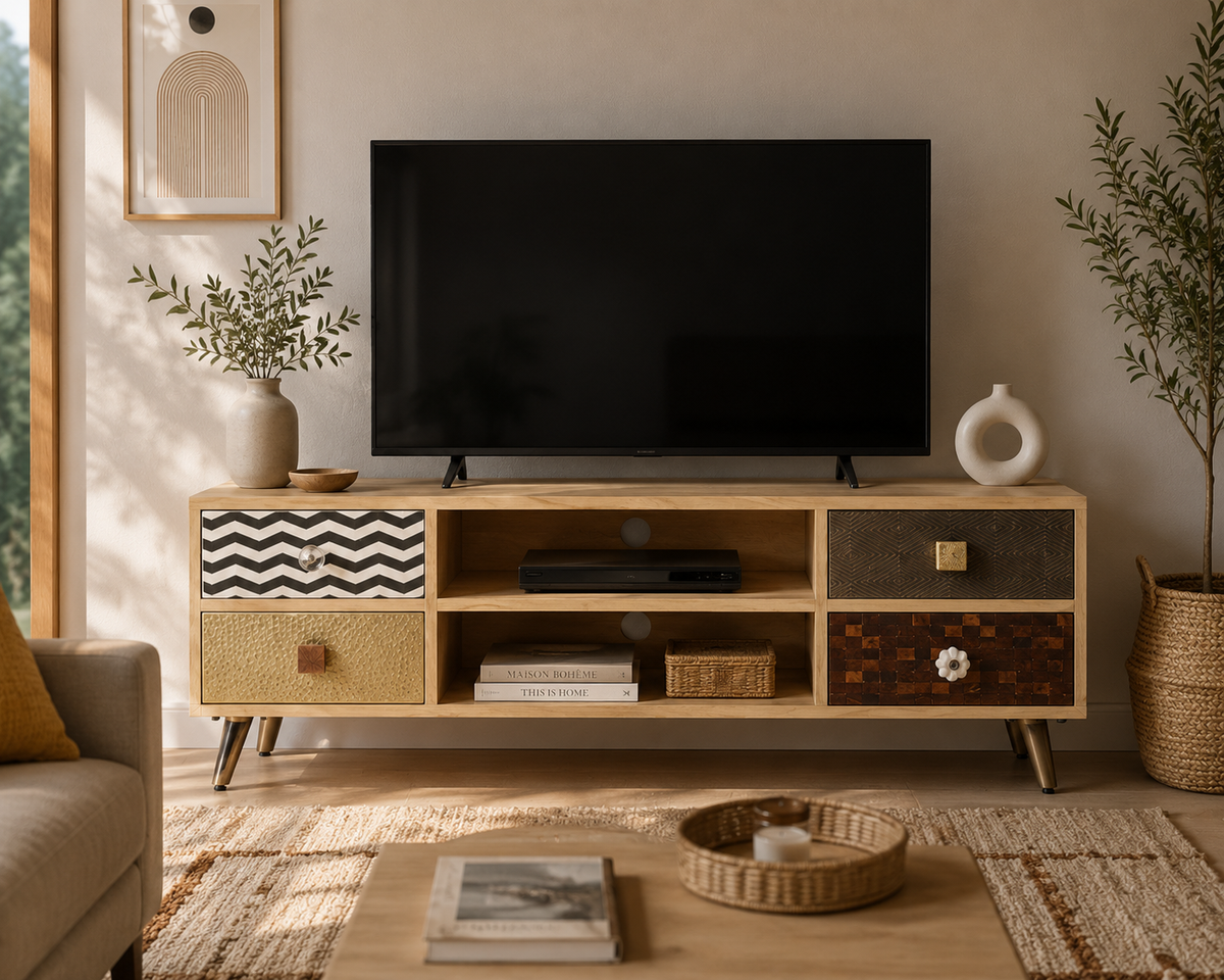 Meuble TV en bois de manguier massif installé dans un salon au style vintage industriel avec télévision écran plat et décoration chaleureuse
