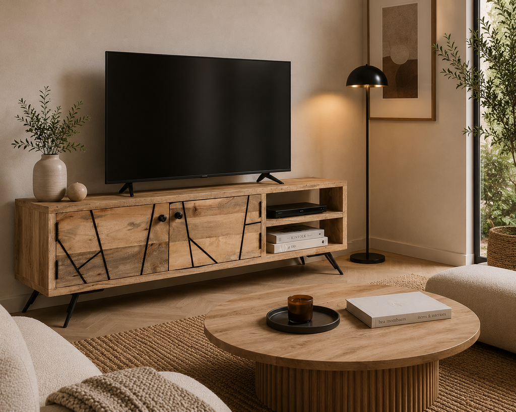 Meuble TV industriel en bois de manguier massif avec rangements fermés et niches ouvertes dans un salon contemporain
