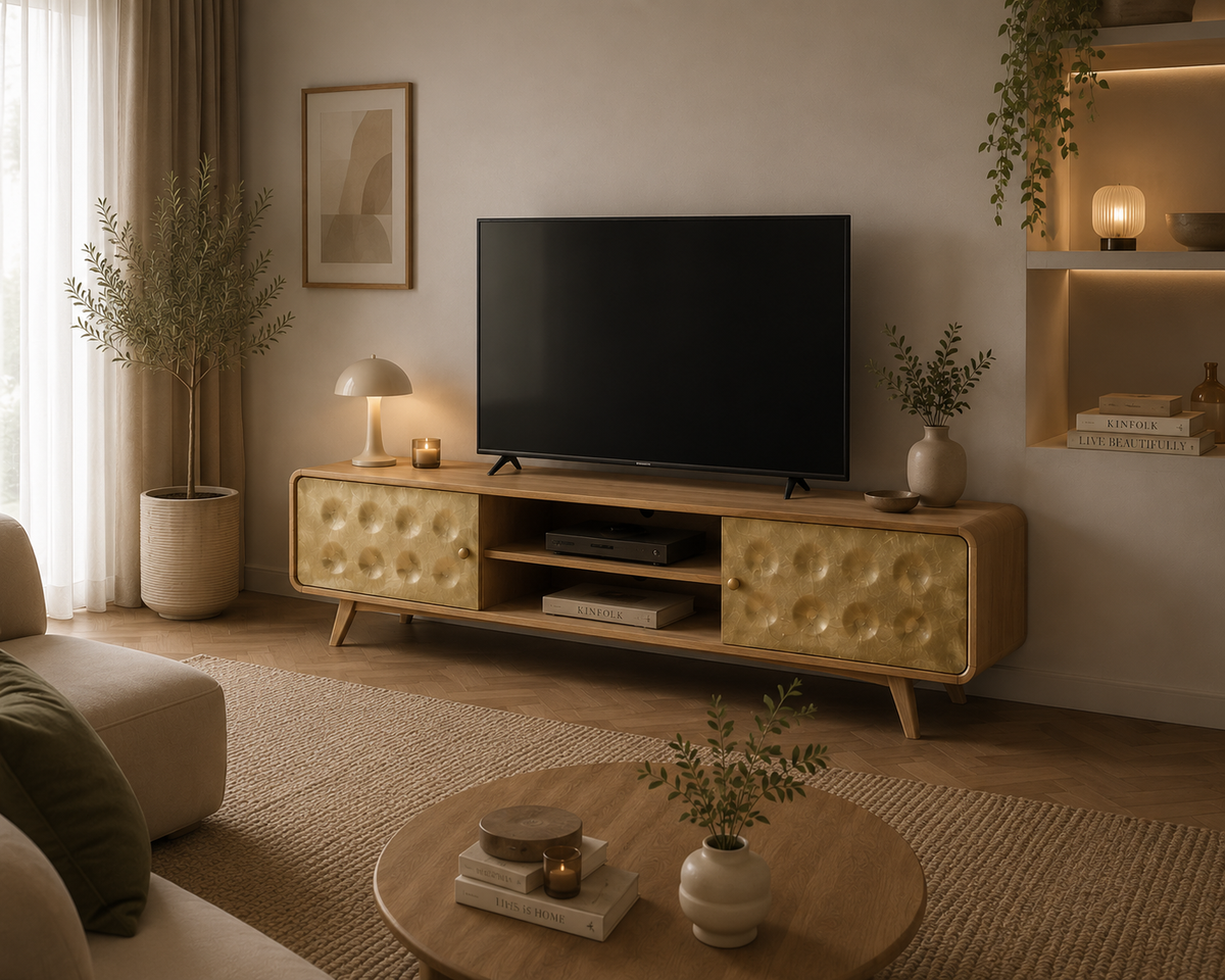Meuble TV bois de manguier massif avec façades dorées et rangements intégrés dans un salon contemporain chaleureux