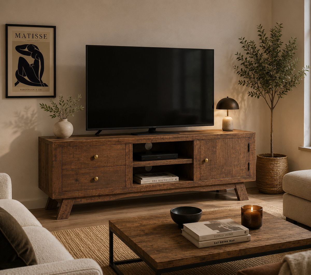 Meuble TV vintage en bois de manguier massif avec rangements intégrés dans un salon au style rétro et naturel