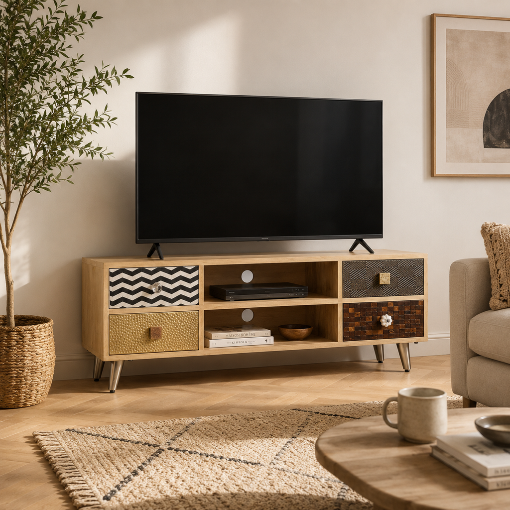 Vue d'angle du meuble TV en bois de manguier massif avec rangements intégrés dans un salon moderne