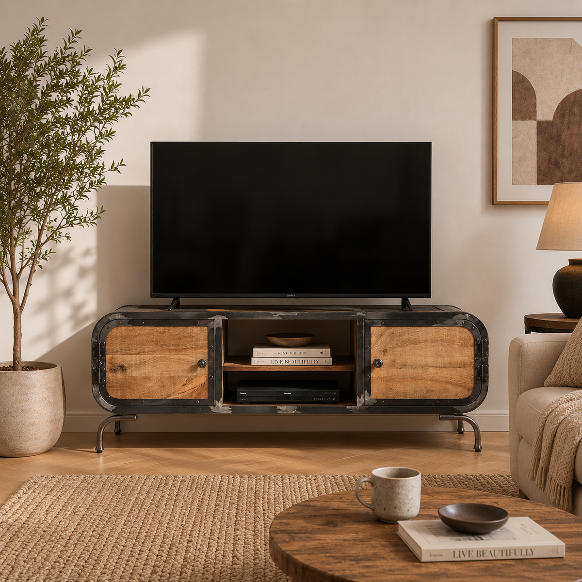 Vue frontale du meuble TV industriel en bois massif avec rangements ouverts et portes latérales coulissantes