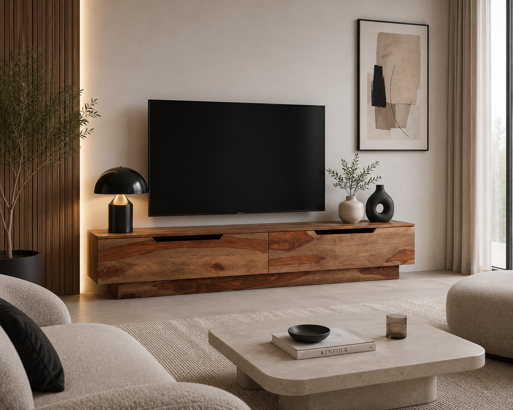 Meuble TV en bois massif naturel dans un salon contemporain inspiré du style japandi et minimaliste