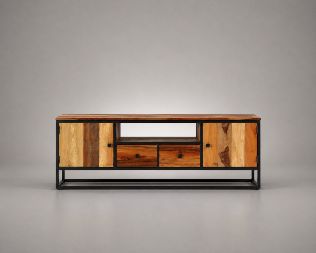 Meuble TV en bois de récupération massif de 120 cm avec deux portes, deux tiroirs, niche ouverte et structure en acier noir, style industriel vintage