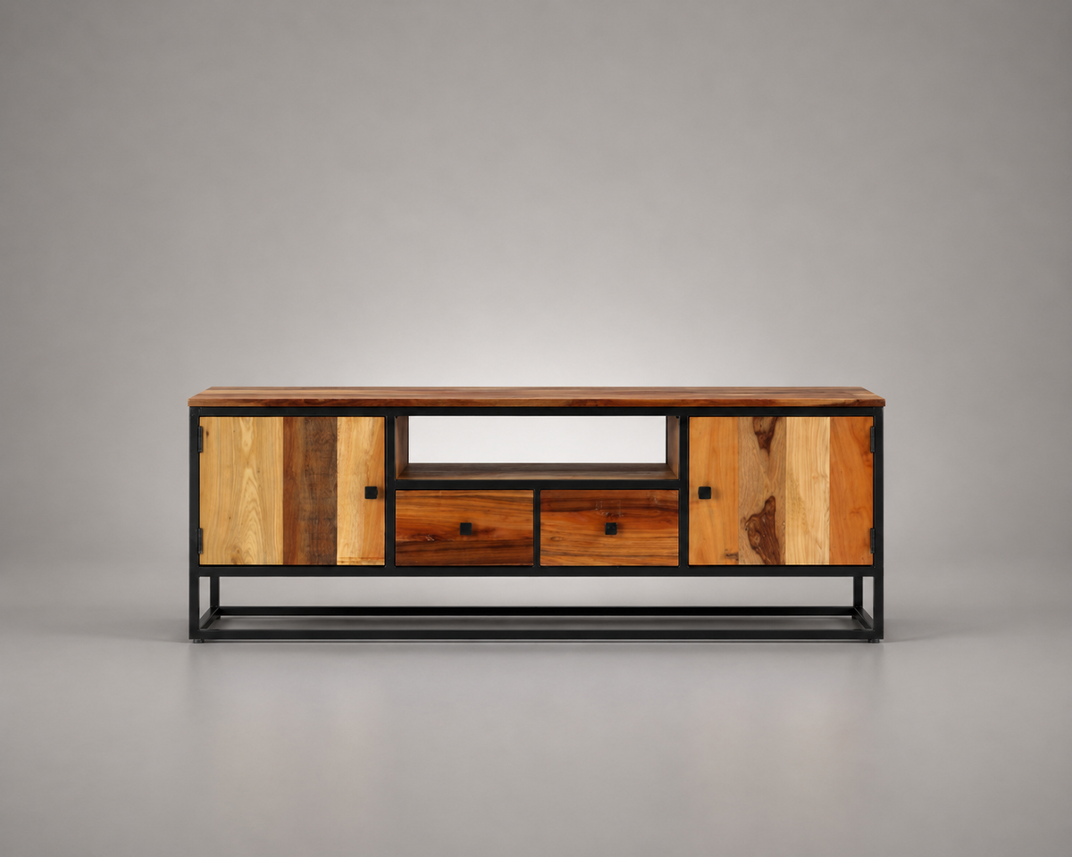 Meuble TV en bois de récupération massif de 120 cm avec deux portes, deux tiroirs, niche ouverte et structure en acier noir, style industriel vintage