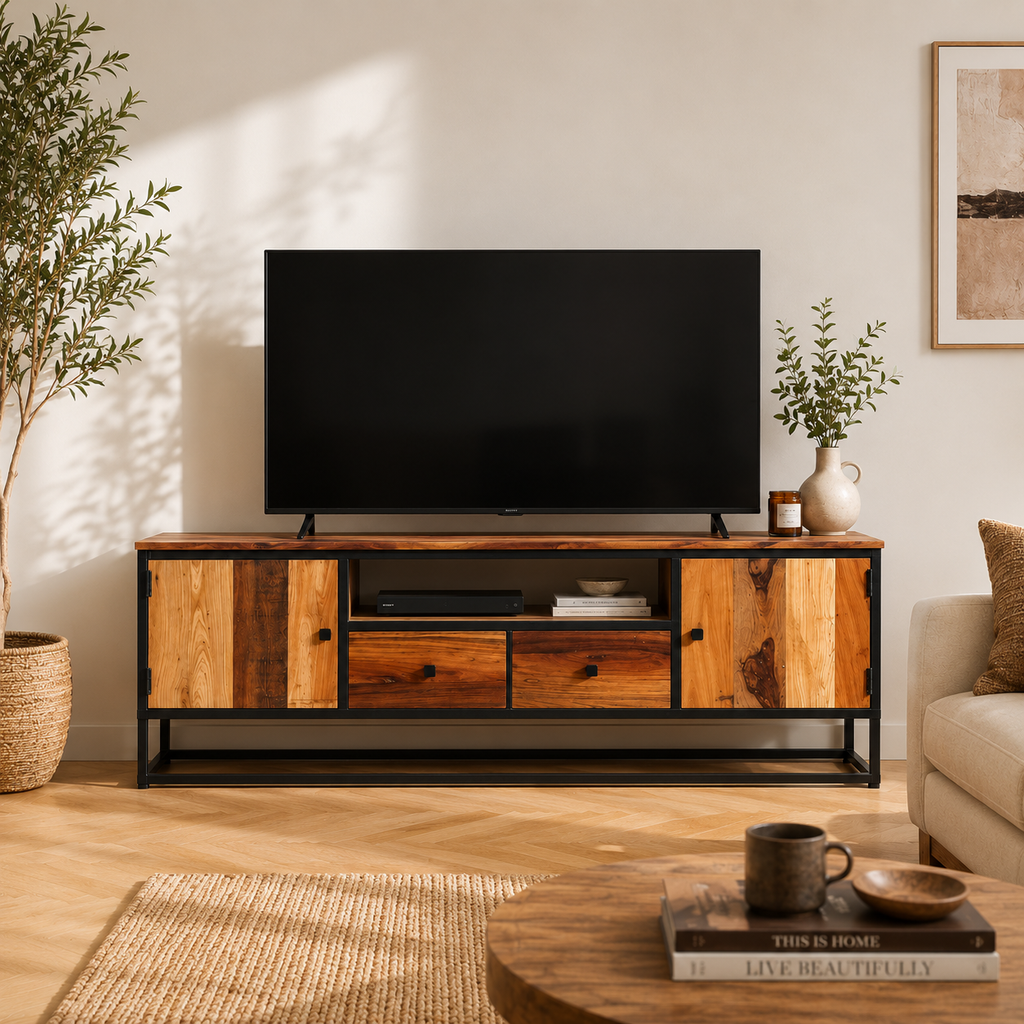 Meuble TV en bois de récupération massif installé dans un salon de style industriel avec télévision, rangements fermés et niche centrale ouverte