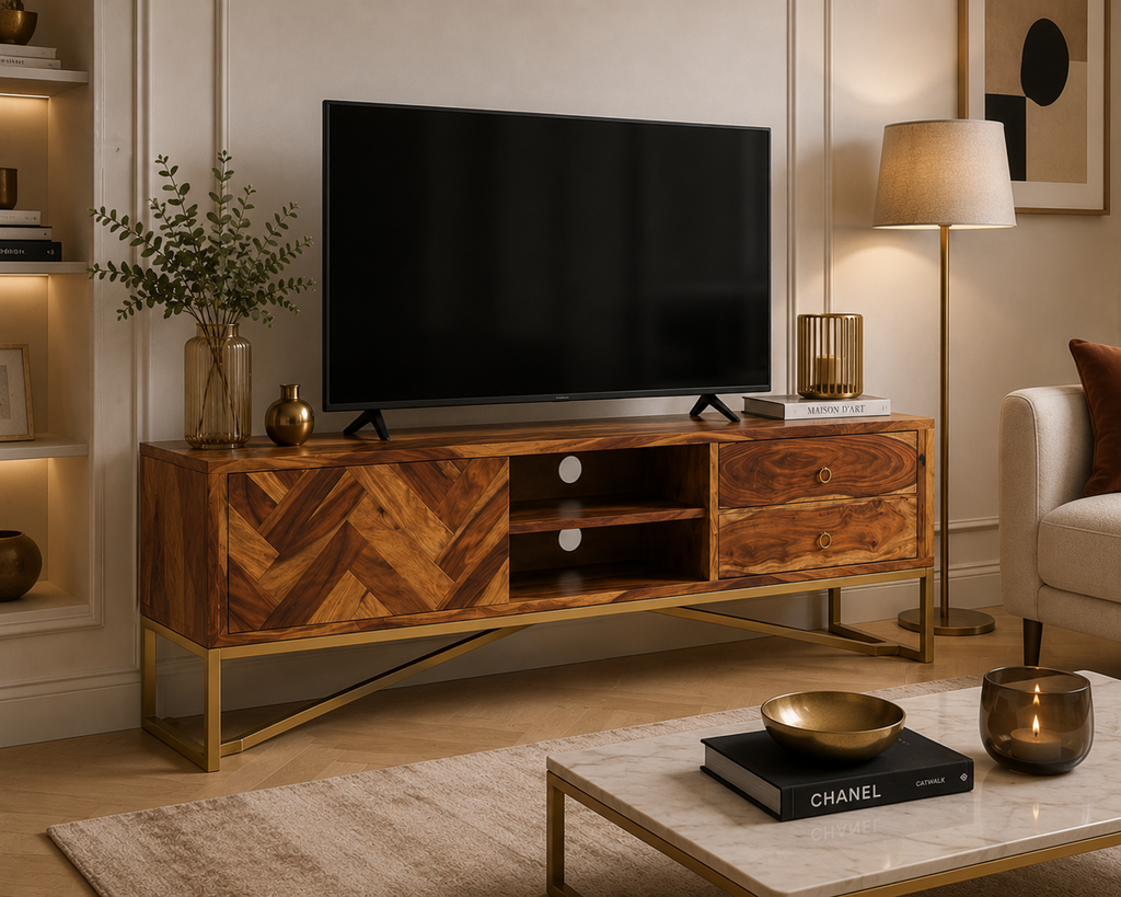 Vue d’angle du meuble TV en bois de Sesham massif avec structure métallique finition laiton dans un salon contemporain