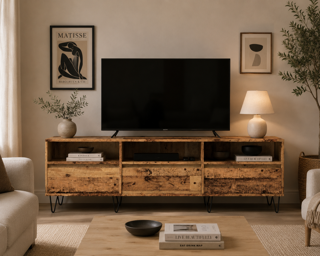 Meuble TV bois style industriel avec rangements ouverts, étagères intégrées et design contemporain dans un salon chaleureux.