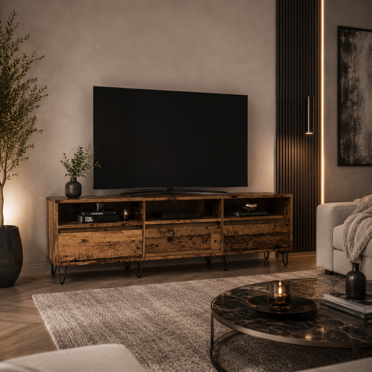 Meuble TV style industriel en finition vieux bois avec rangements ouverts dans un salon contemporain chaleureux