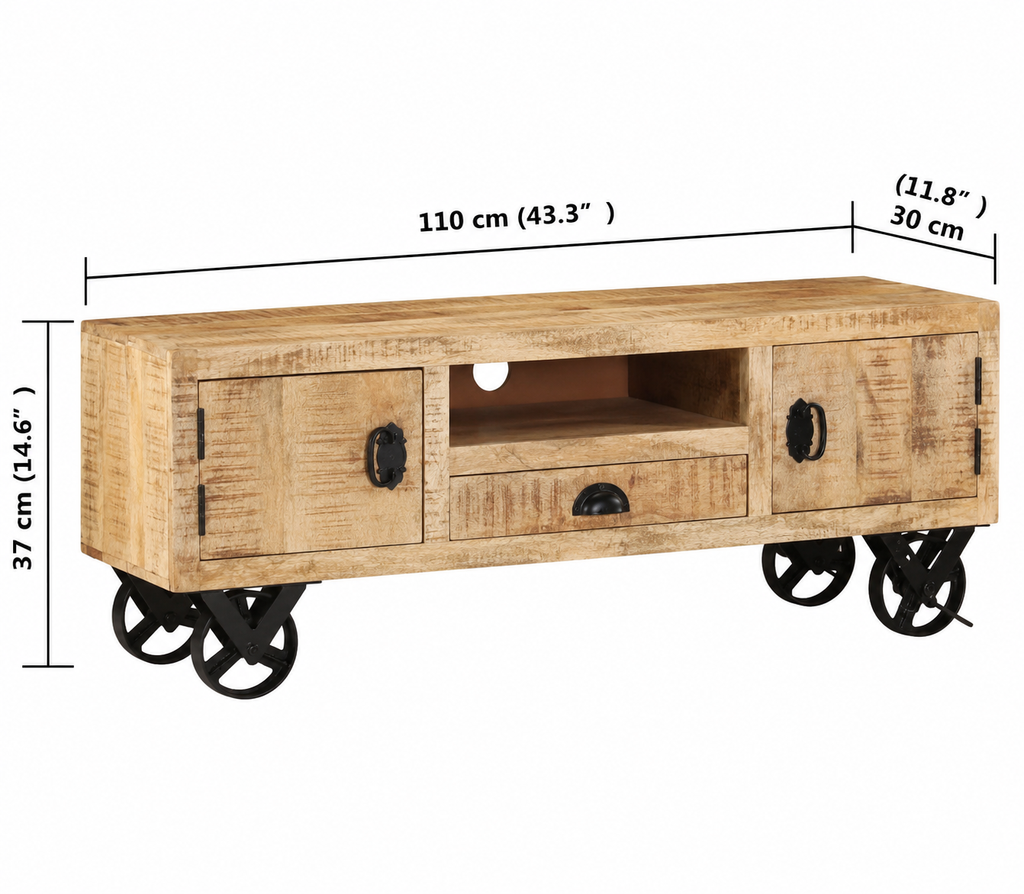 Meuble TV Bois Vintage sur Roulettes 110 cm | Novara