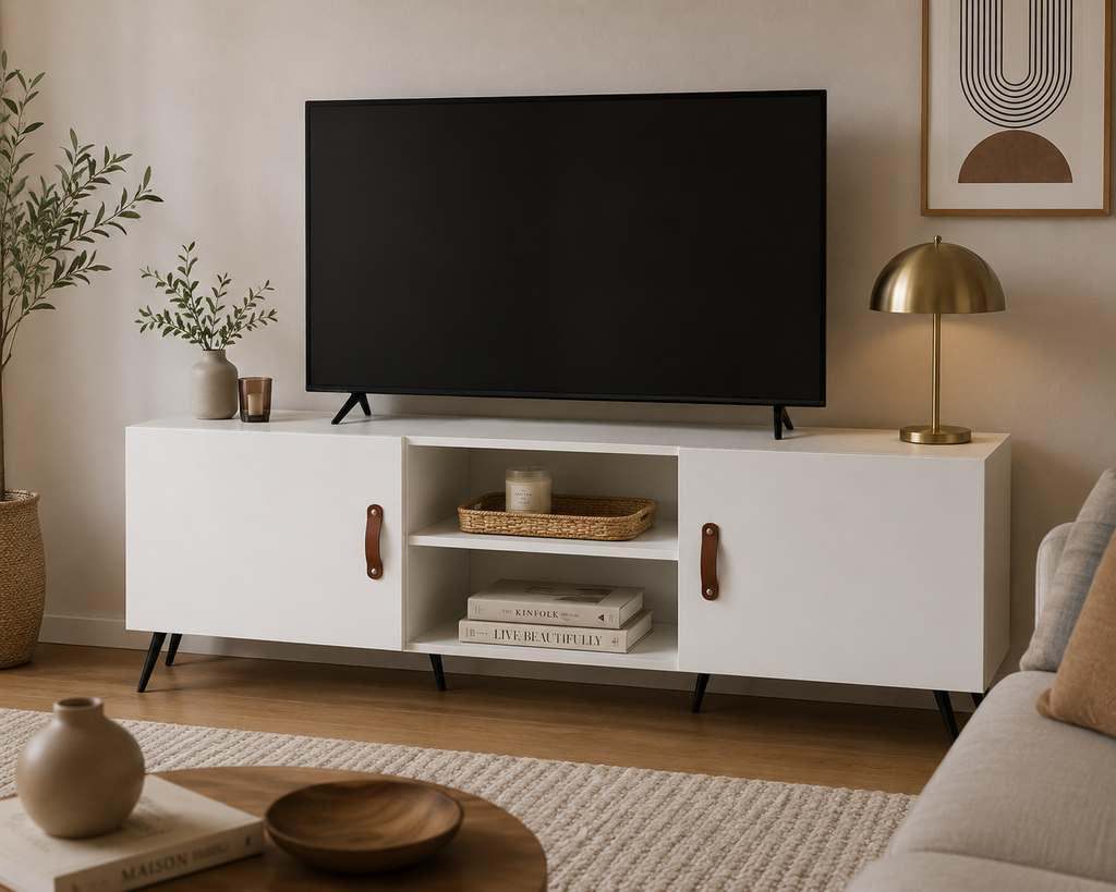 Meuble TV contemporain blanc laqué de 150 cm avec télévision dans un salon lumineux au style moderne et scandinave