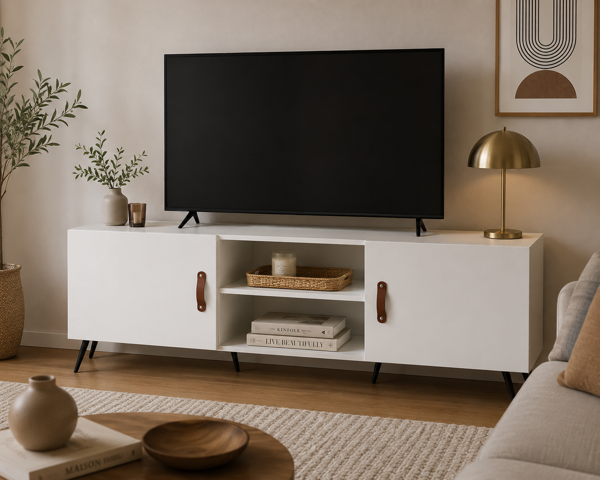 Meuble TV contemporain blanc laqué de 150 cm avec télévision dans un salon lumineux au style moderne et scandinave
