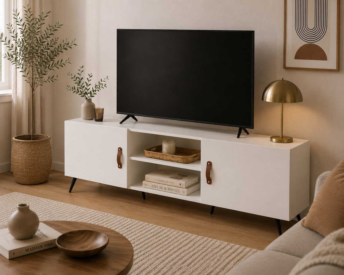 Meuble TV contemporain blanc laqué de 150 cm avec télévision dans un salon lumineux au style moderne et scandinave , ambiance chaleureuse