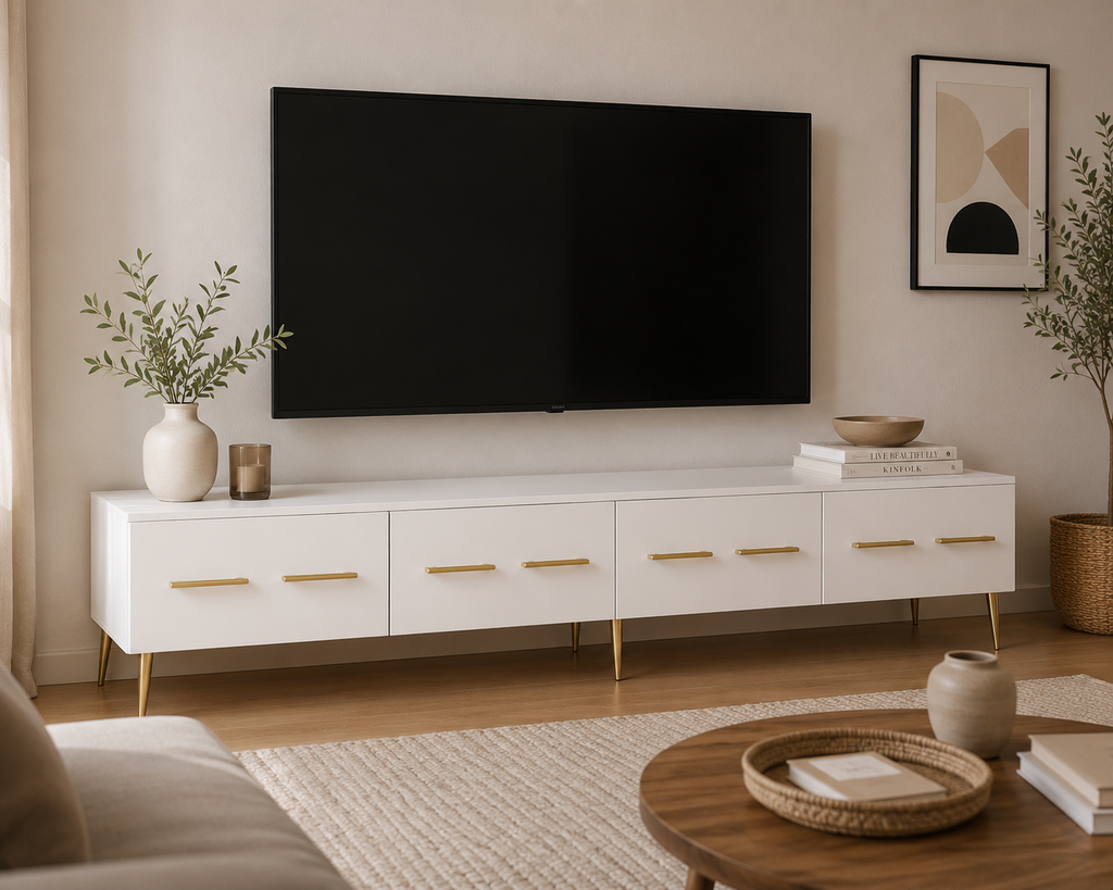 Vue d’angle du meuble TV blanc avec trois tiroirs, poignées dorées et pieds métalliques finition or dans un intérieur contemporain