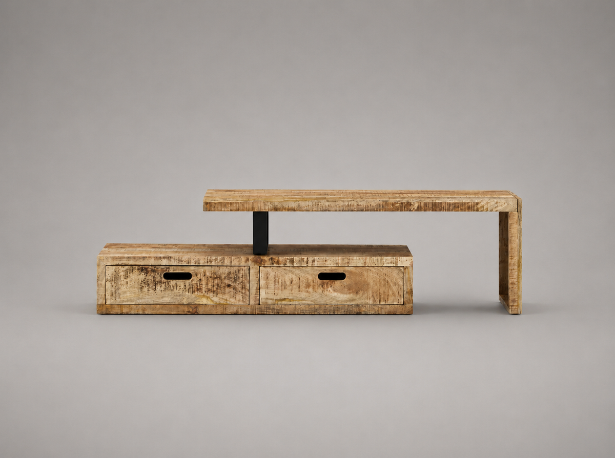 Meuble TV extensible en bois de manguier massif de 118 à 200 cm avec deux tiroirs de rangement et structure modulable style naturel contemporain