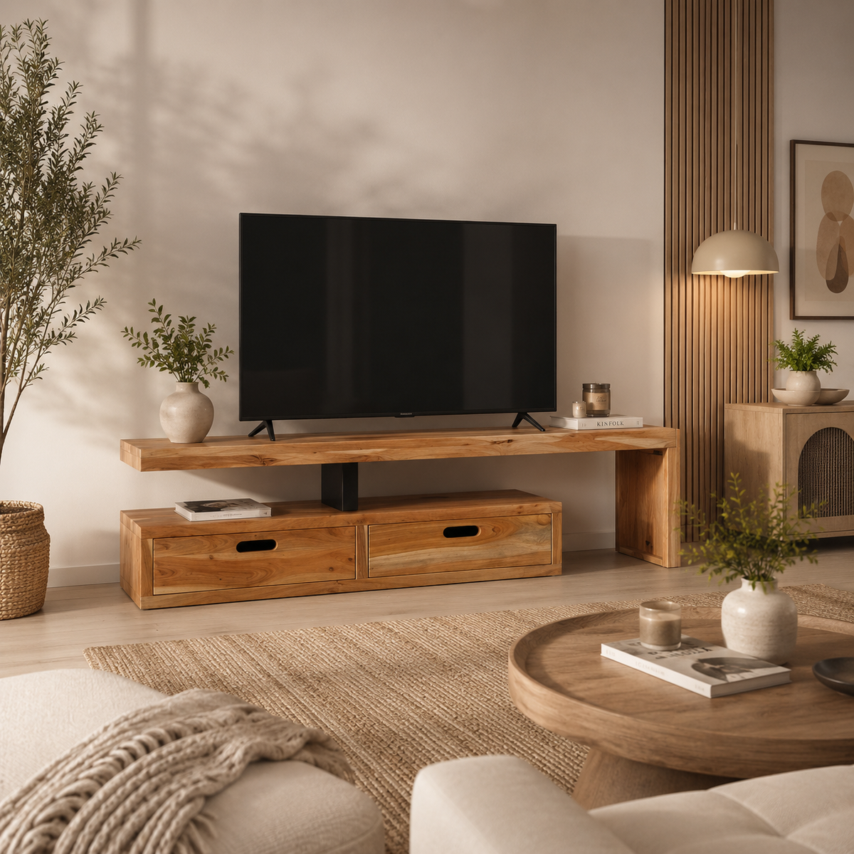 Meuble TV extensible en bois de manguier massif avec deux tiroirs de rangement dans un salon contemporain lumineux avec télévision grand écran