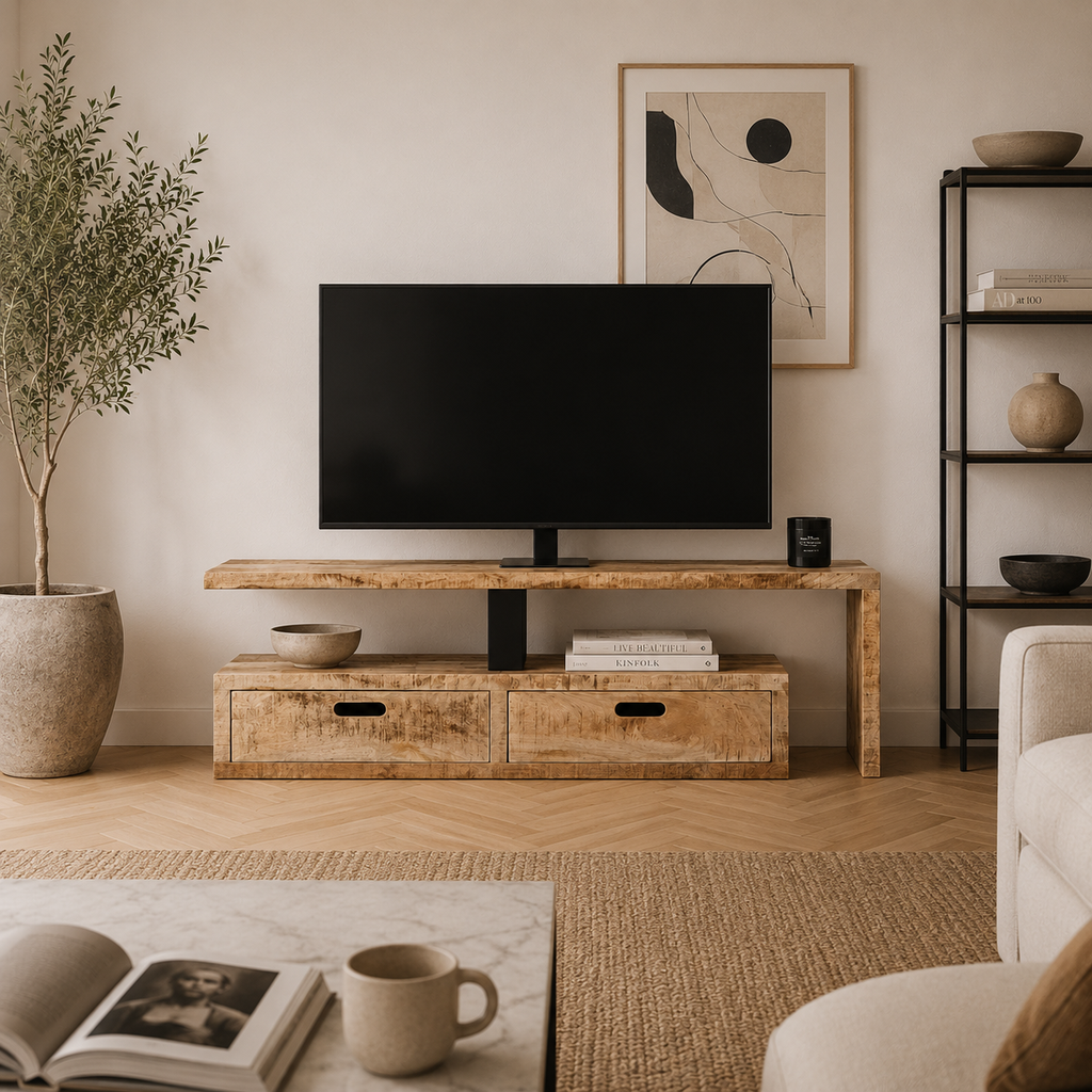 Meuble TV extensible en bois de manguier massif de 118 à 200 cm avec tiroirs de rangement, design naturel contemporain et configuration modulable