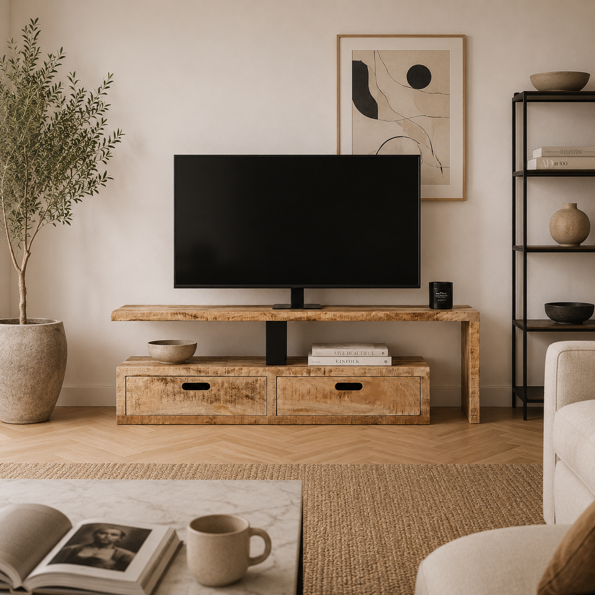 Meuble TV extensible en bois de manguier massif de 118 à 200 cm avec tiroirs de rangement, design naturel contemporain et configuration modulable