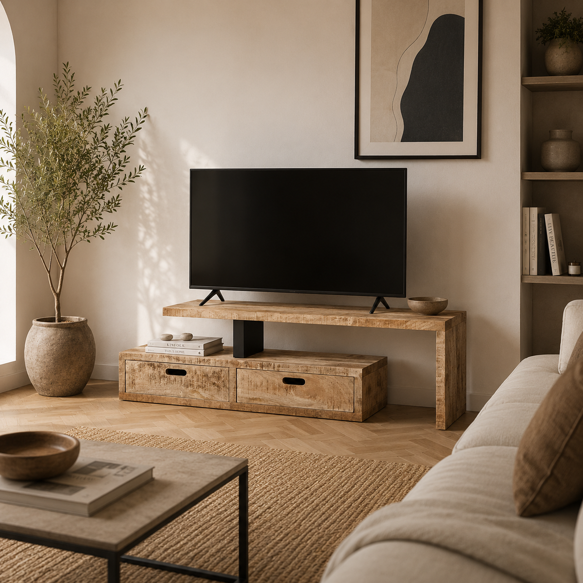 Meuble TV extensible en bois massif avec configuration modulable et rangements pour salon contemporain