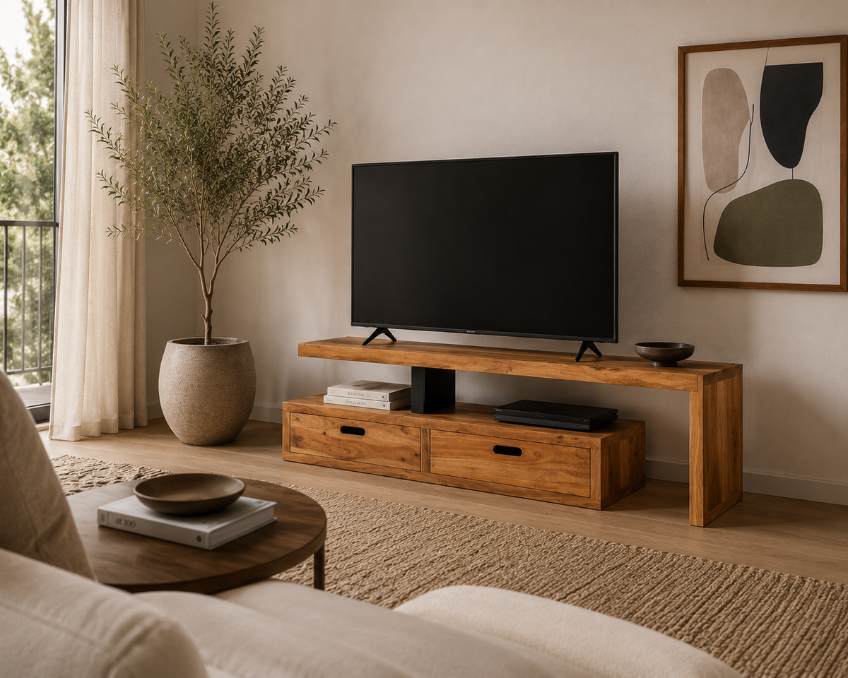 Meuble TV extensible en bois massif naturel installé dans un salon moderne avec télévision, décoration chaleureuse et rangements intégrés