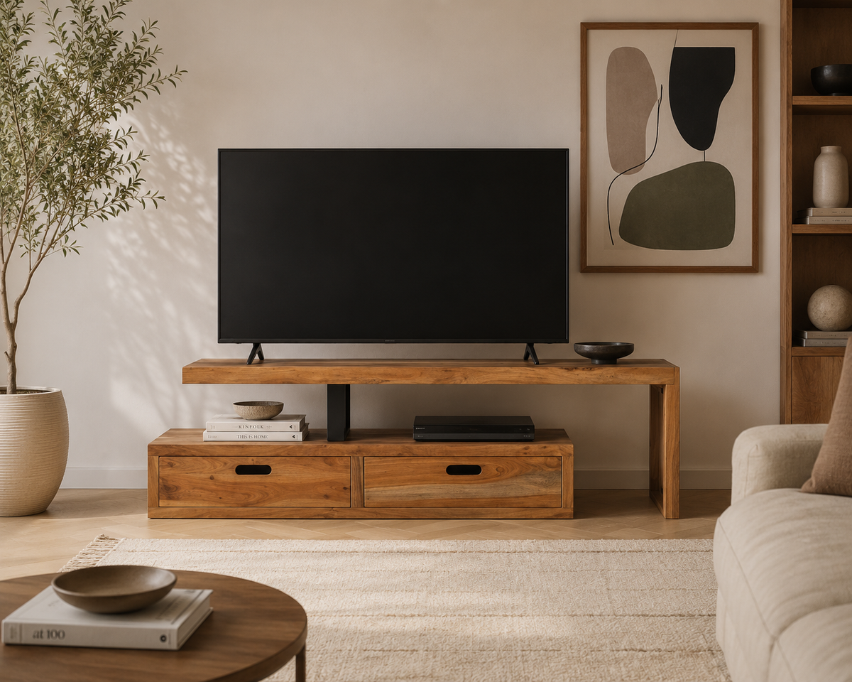 Meuble TV extensible en bois naturel avec tiroirs de rangement dans un salon moderne et décoration contemporaine
