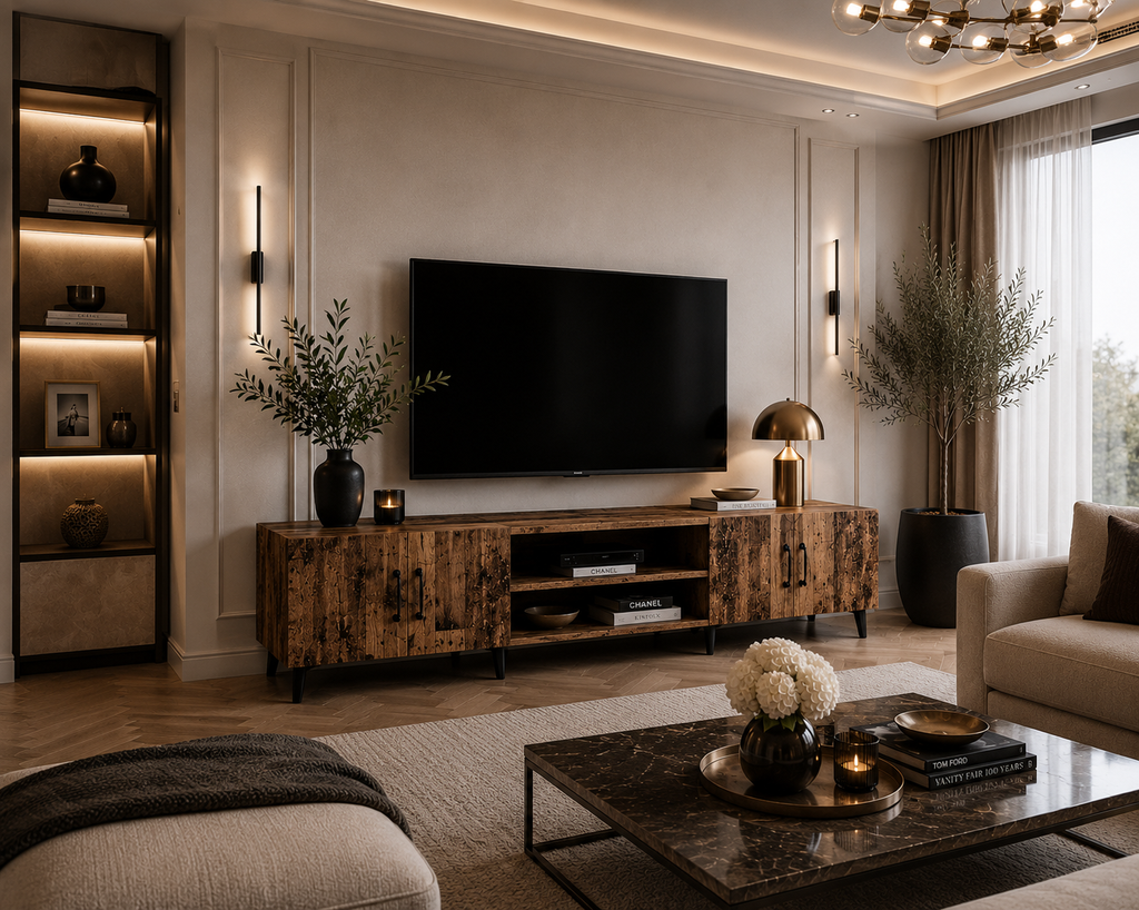 Meuble TV industriel 180 cm avec quatre portes et deux niches ouvertes intégré dans un salon contemporain