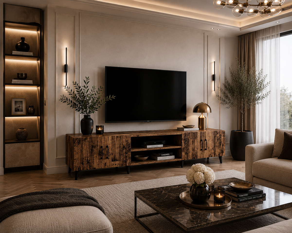 Meuble TV industriel 180 cm avec quatre portes et deux niches ouvertes intégré dans un salon contemporain