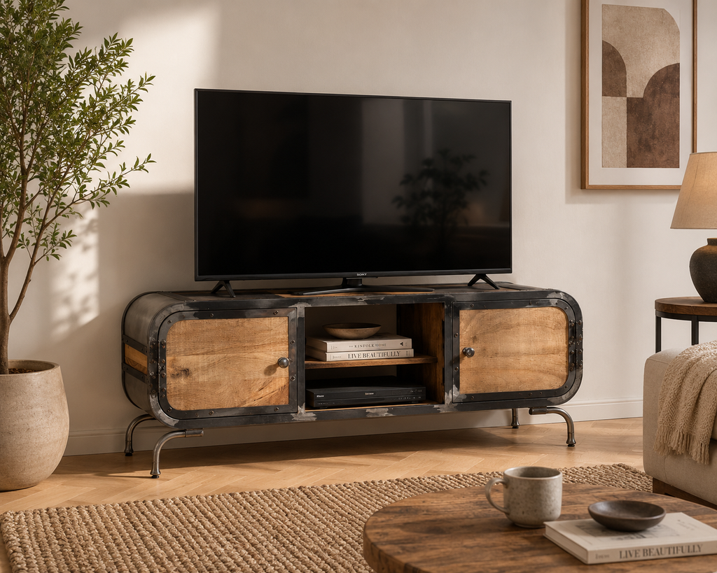 Meuble TV industriel en bois massif et métal noir présenté dans un salon contemporain avec télévision écran plat