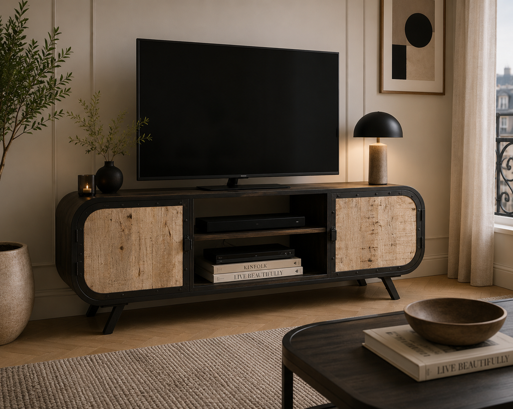 Vue rapprochée du meuble TV industriel en bois de manguier massif avec angle arrondi et structure en métal noir