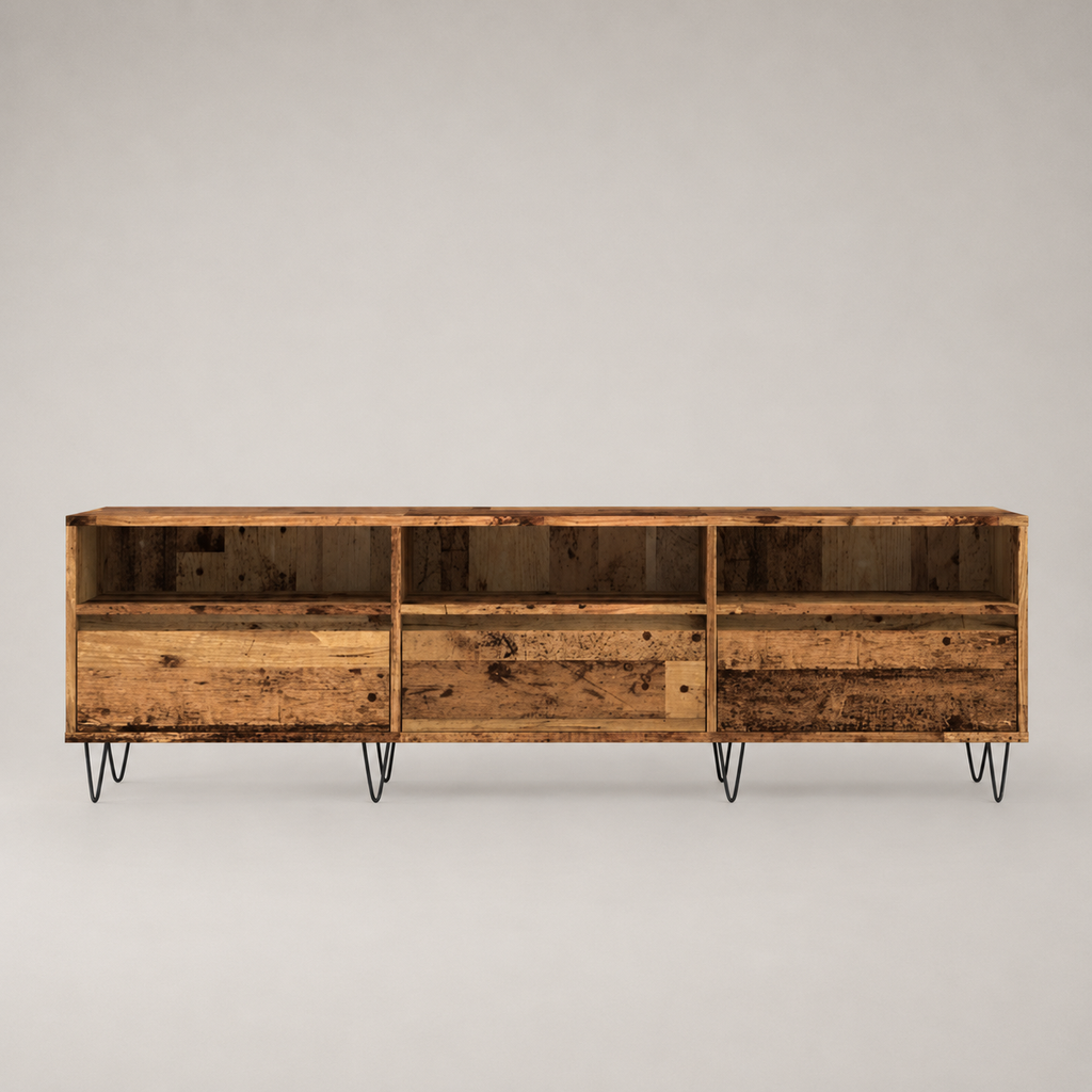 Meuble TV industriel 150 cm effet vieux bois avec 6 compartiments ouverts et pieds en fer noir pour salon contemporain